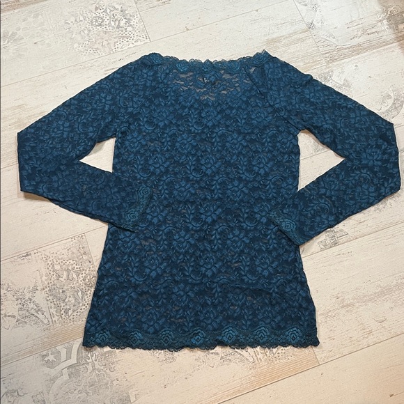 Moda International Deep Teal Lace Long Sleeve Top Size Medium - Picture 8 of 11